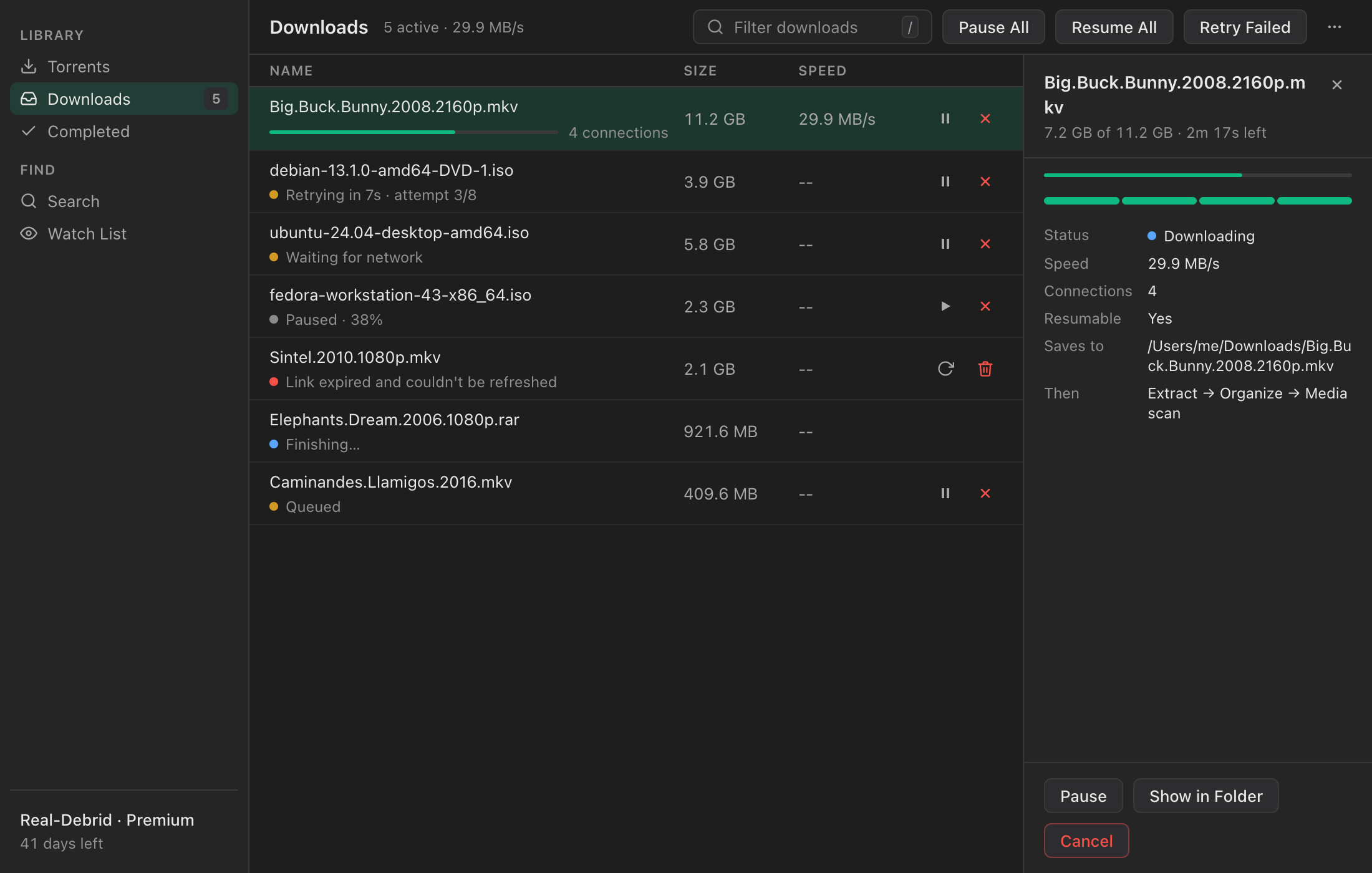The Downloads view: one file downloading over 4 connections at 29.9 MB/s, others retrying, waiting for network, paused, and queued, with a details panel showing per-connection progress.