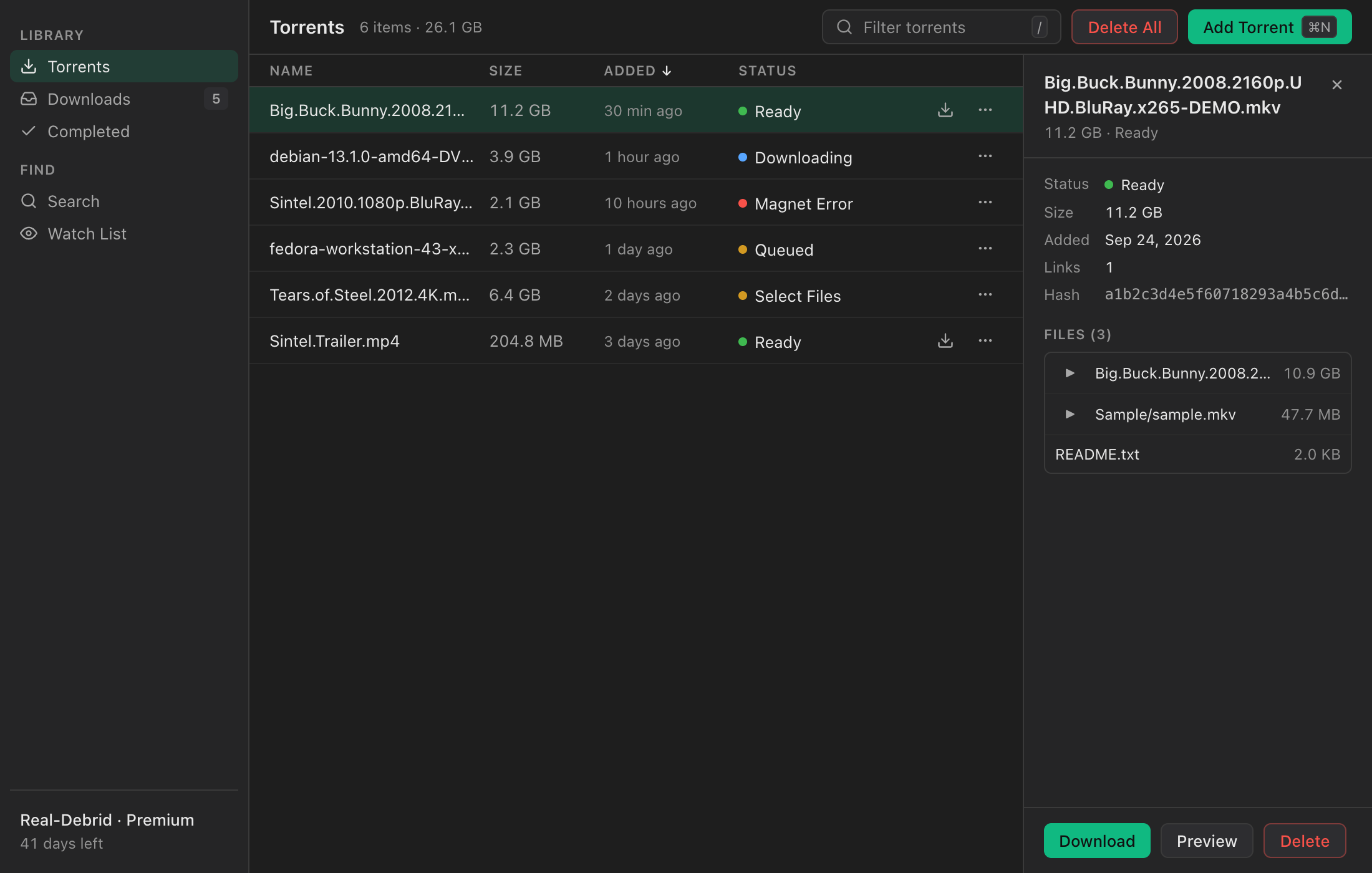 Torrents view with a selected torrent and its files in the details panel.