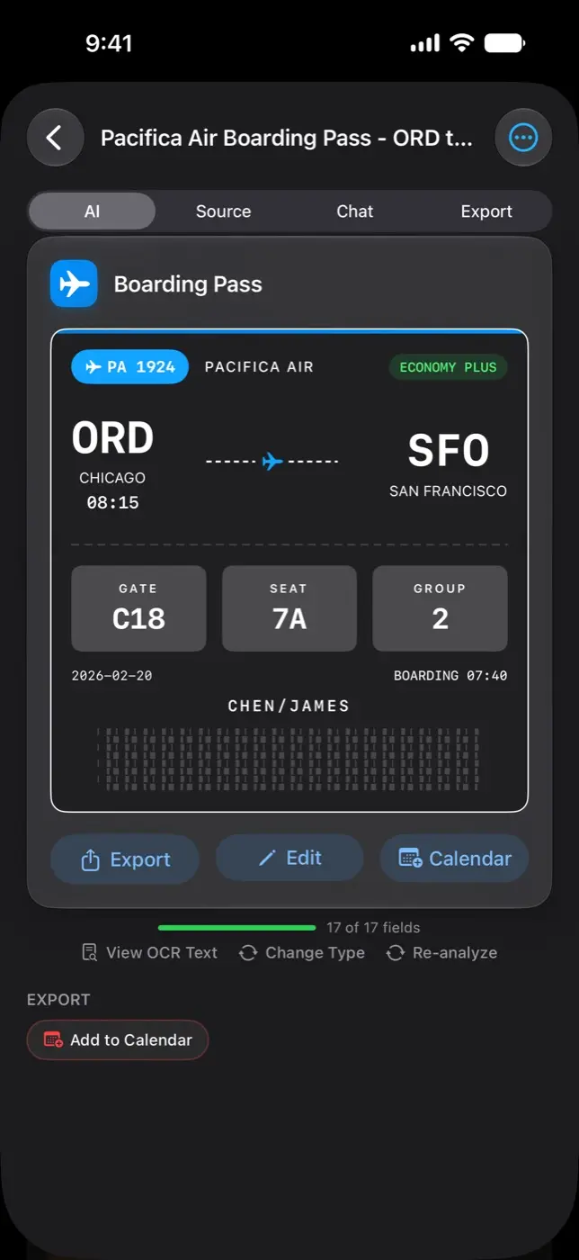 A boarding pass read into flight, gate, seat and boarding time