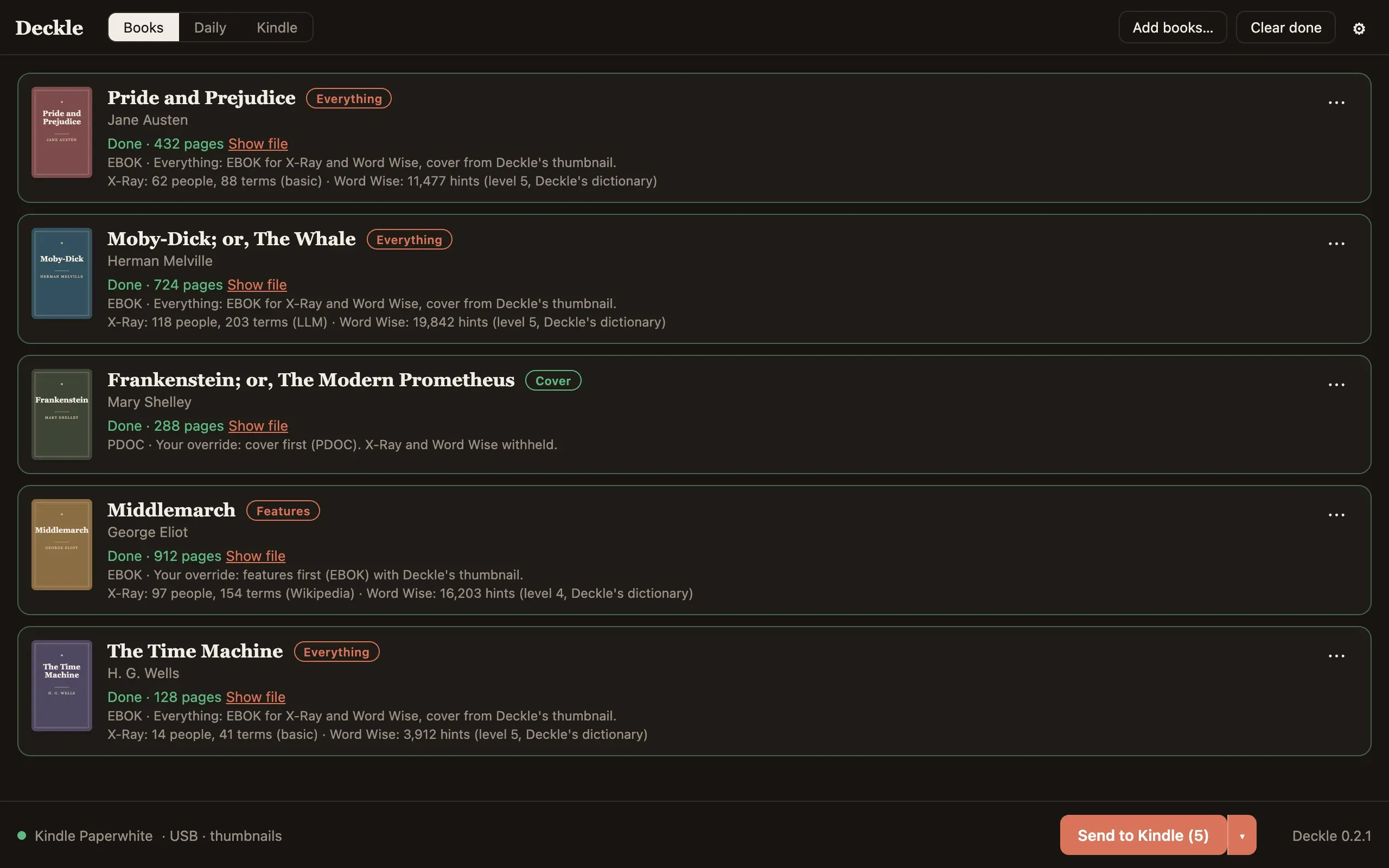 Deckle’s Books tab: five public-domain novels finished for a connected Kindle, each with its X-Ray and Word Wise counts