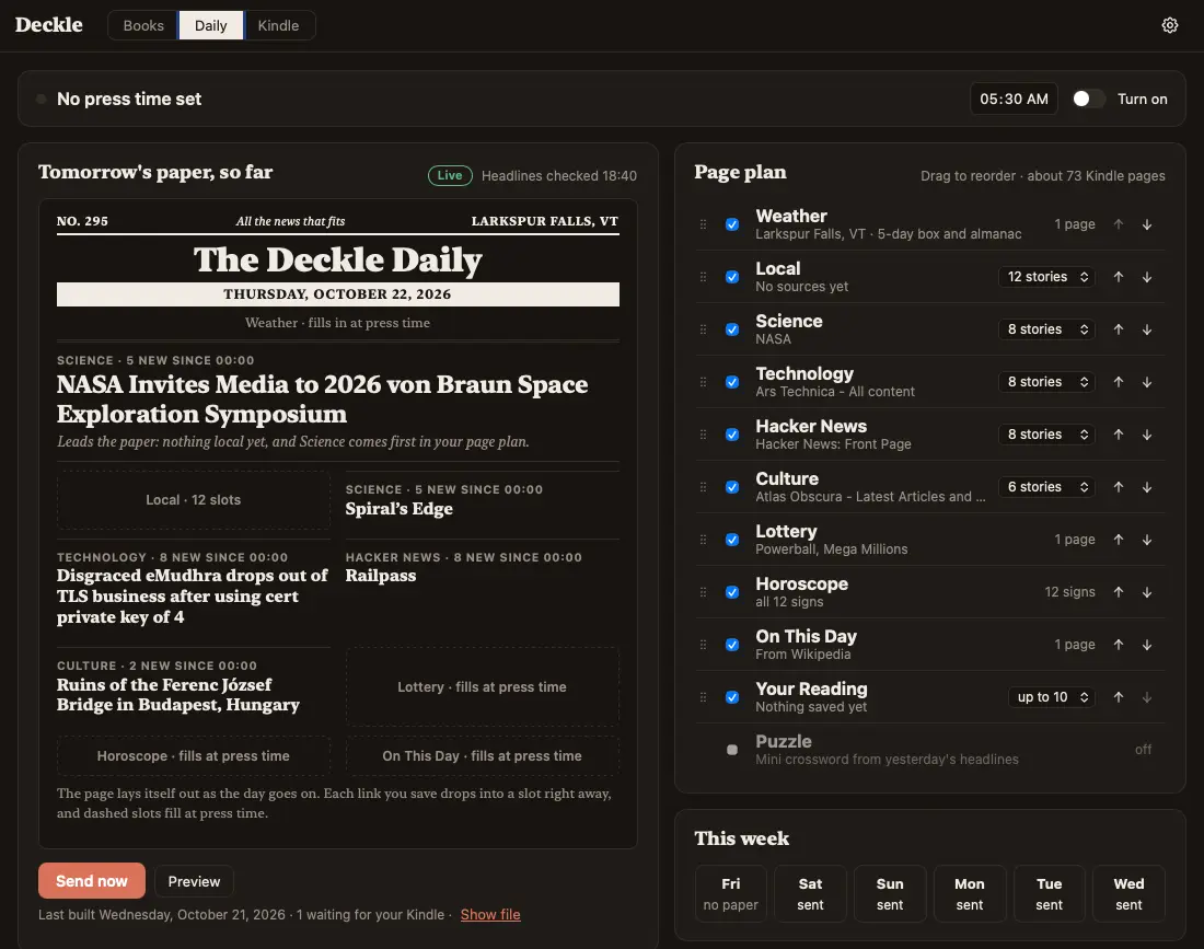 Deckle’s Daily tab: Tomorrow’s paper, so far, a live sketch of the next front page beside the page plan and the week’s reads