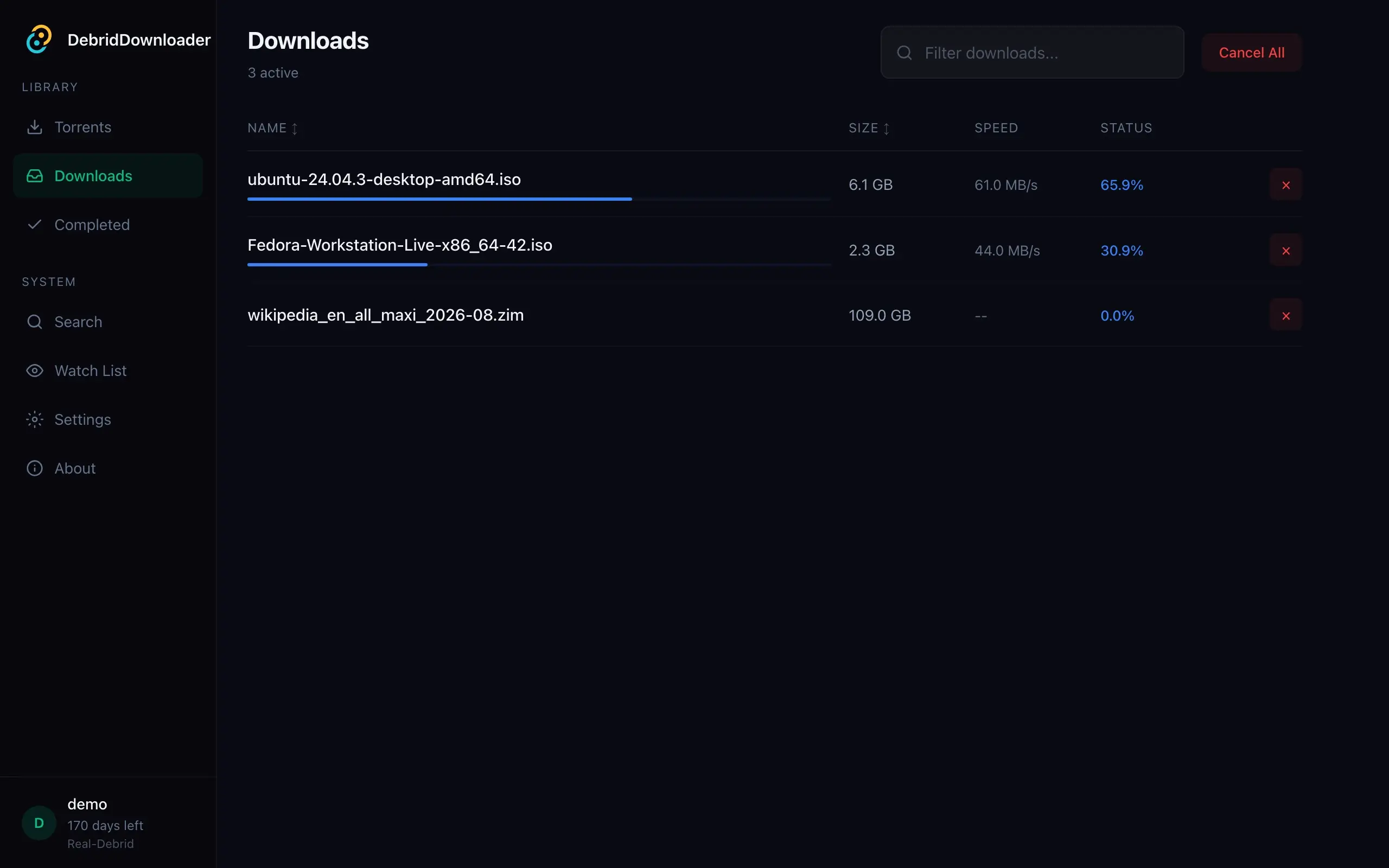 The downloads view, shown with sample data: two installers in progress and a third queued