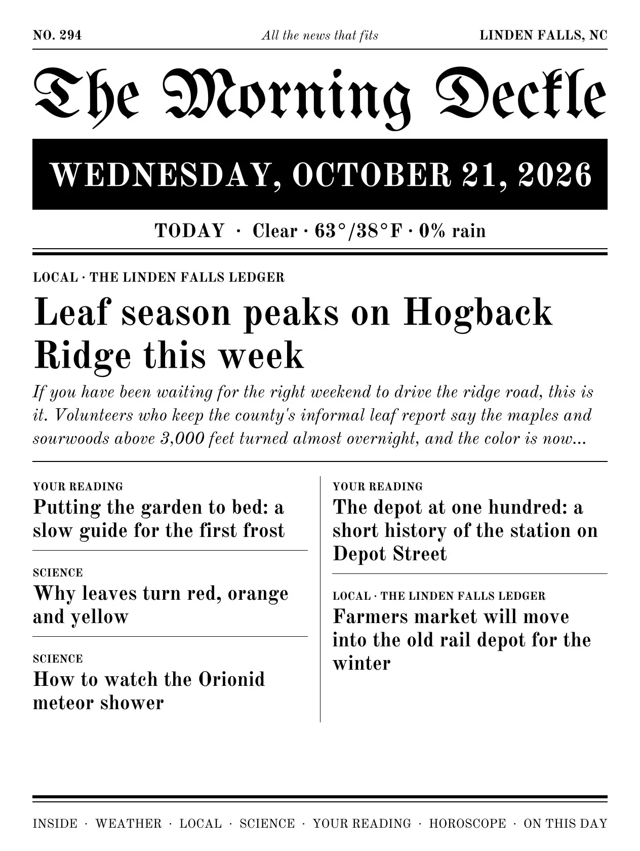 The front page of The Morning Deckle on an e-reader: masthead, date, weather and the lead headlines