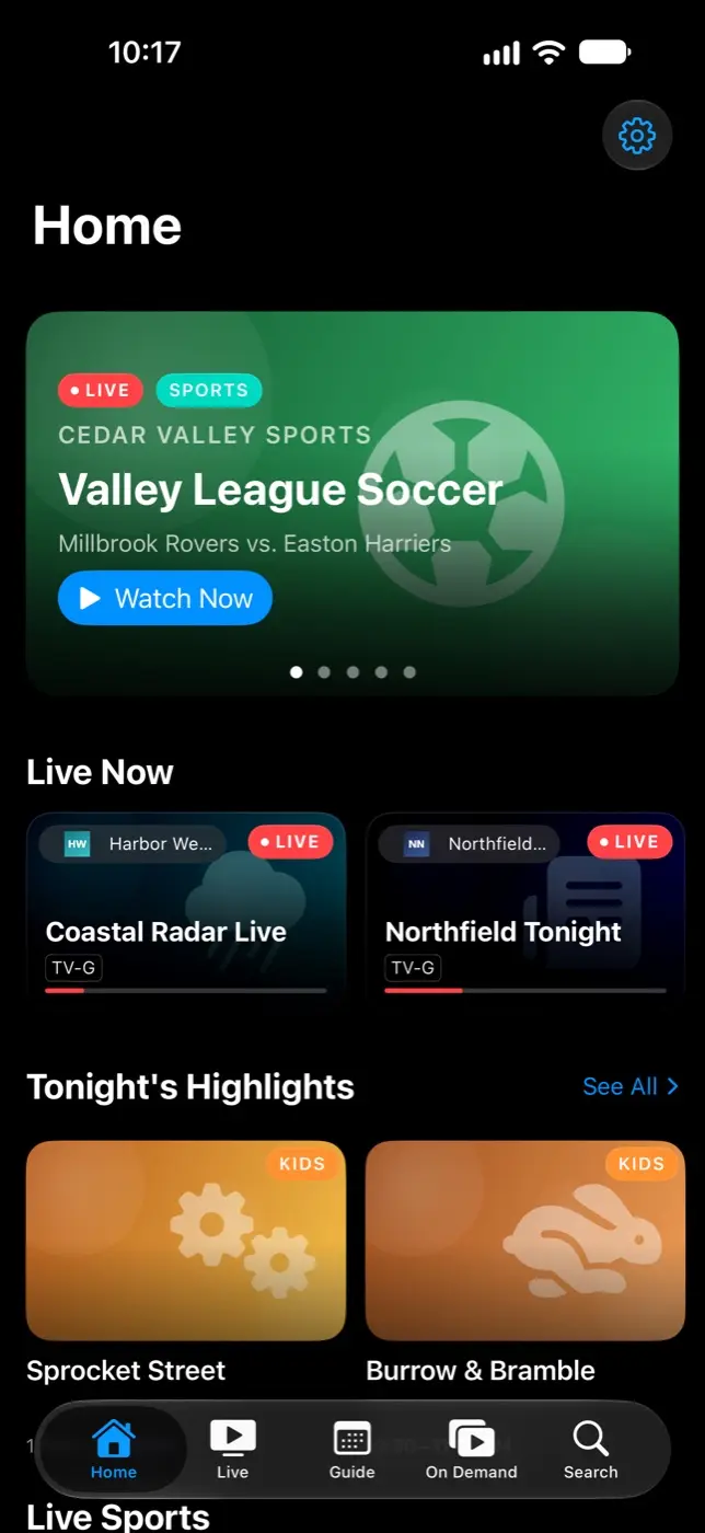 Streamline’s home screen with a live soccer match and tonight’s highlights