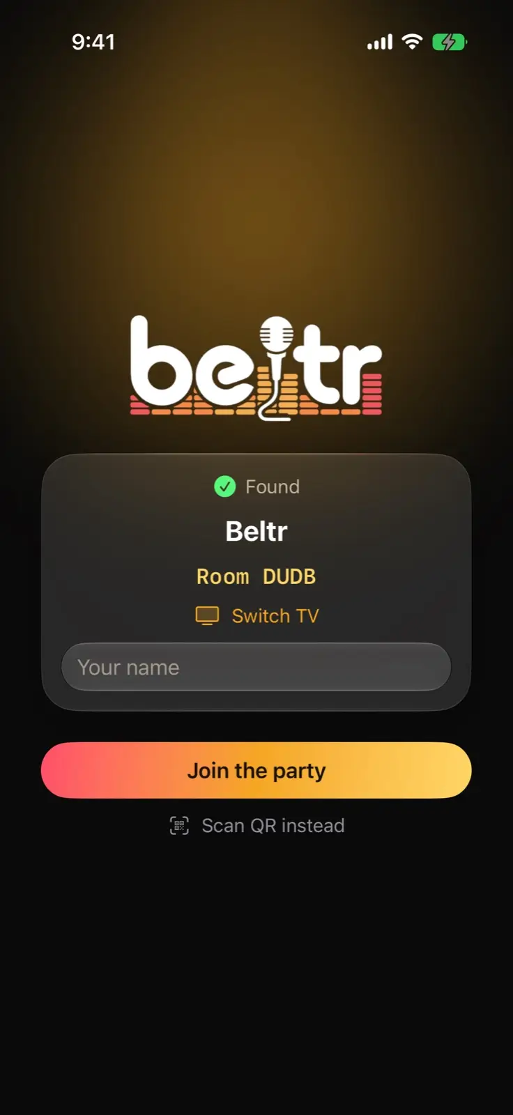 A phone joining a Beltr room by name, with no app account