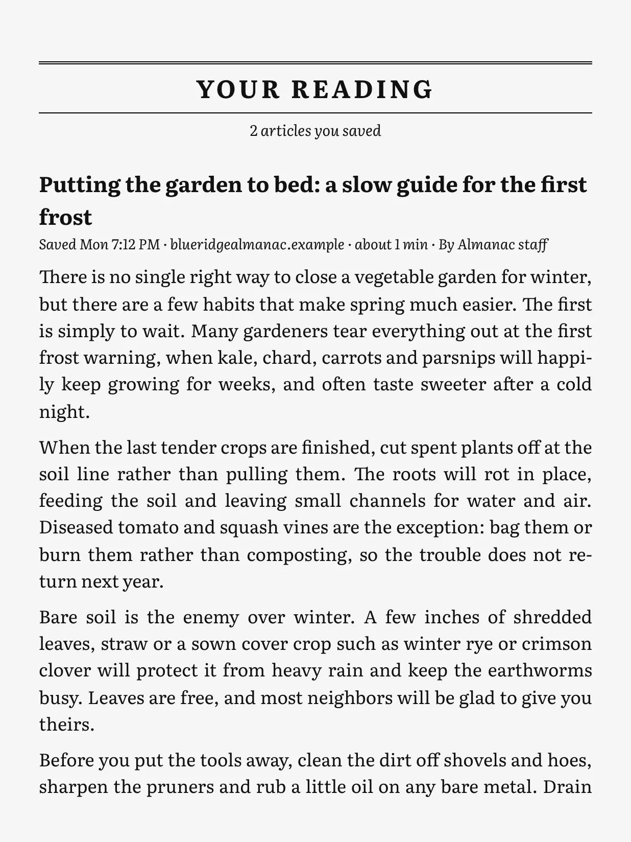 Your Reading in The Morning Deckle on an e-reader: an article saved the evening before, printed whole