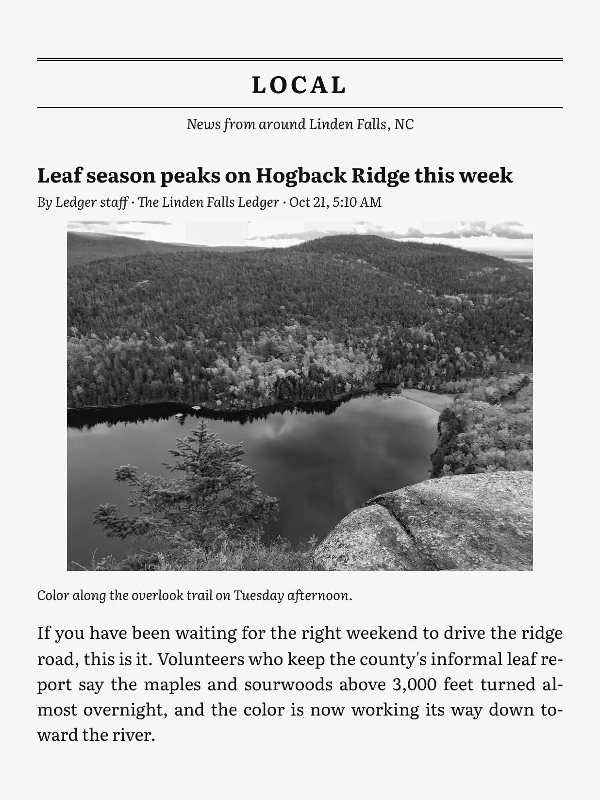 A local story from The Morning Deckle on an e-reader, with a grayscale photo