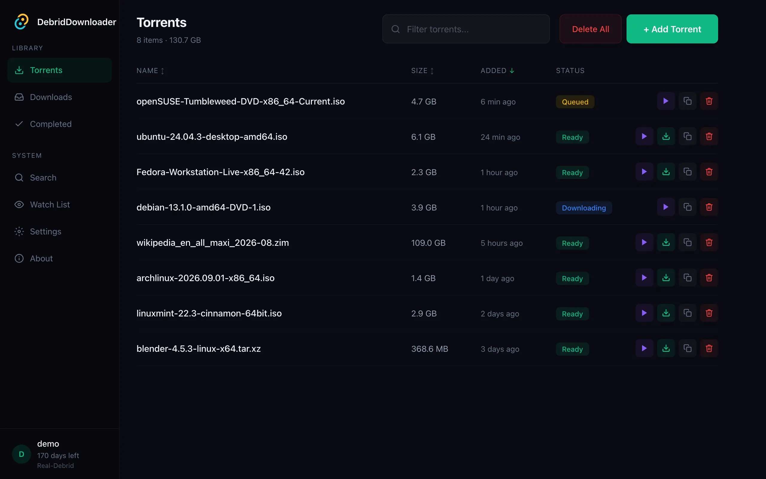 DebridDownloader’s torrent list, shown with sample data: Linux installers ready to download