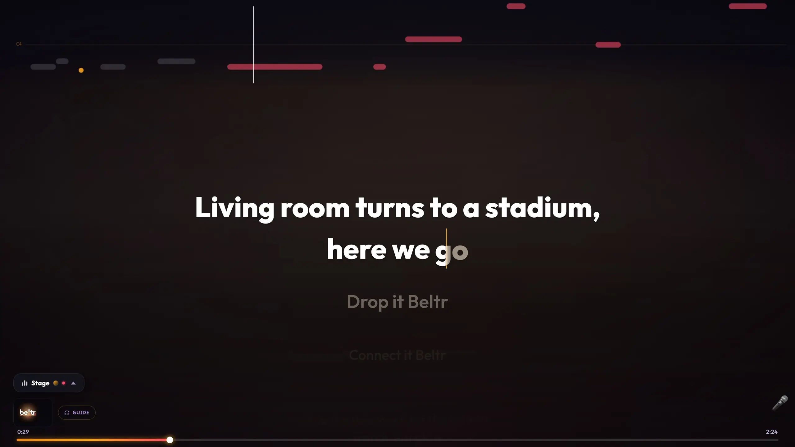 Beltr on a TV: word-timed lyrics with a pitch guide above them
