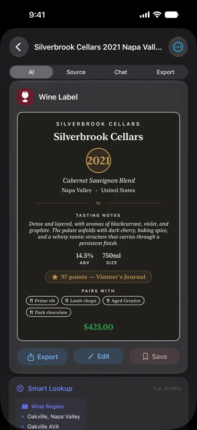 A wine label read into vintage, tasting notes and price